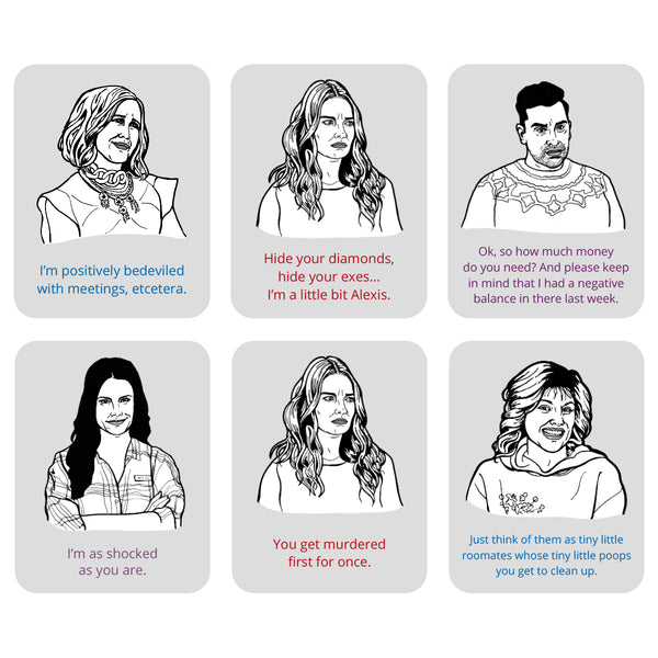 A 2x3 grid from a 2027 Schitts Creek desk calendar of six illustrated characters from the show with humorous text captions on a white background.