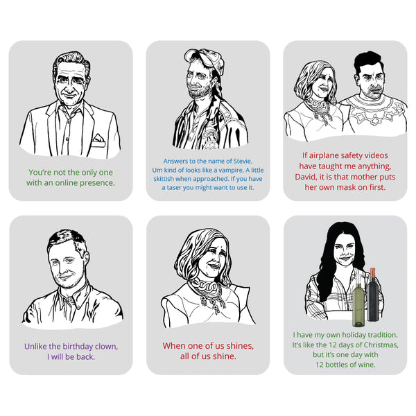 A 2x3 grid from a 2027 Schitts Creek desk calendar of six illustrated characters from the show with humorous text captions on a white background.