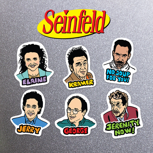 Set of six 'Seinfeld' character stickers including 'Jerry Seinfeld' 'Kramer' 'Elaine Benes' 'Soup Nazi' 'George Costanz' 'Serenity Now!" on a metal background