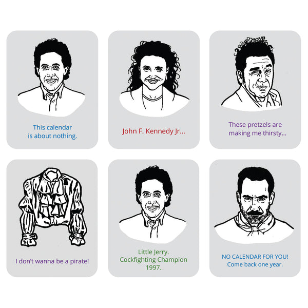 A 3x2 grid featuring black-and-white illustrations of Seinfeld characters with humorous text captions.