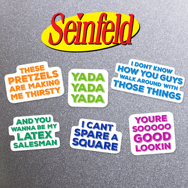 Set of colorful 'Seinfeld' themed magnets with phrases 'These pretzels are making me thirsty', 'yada yada yada', 'I don't know how you guys walk around with those things', 'And you wanna be my latex salesman', 'I can't spare a square', 'You're sooooo good lookin' on a metal background