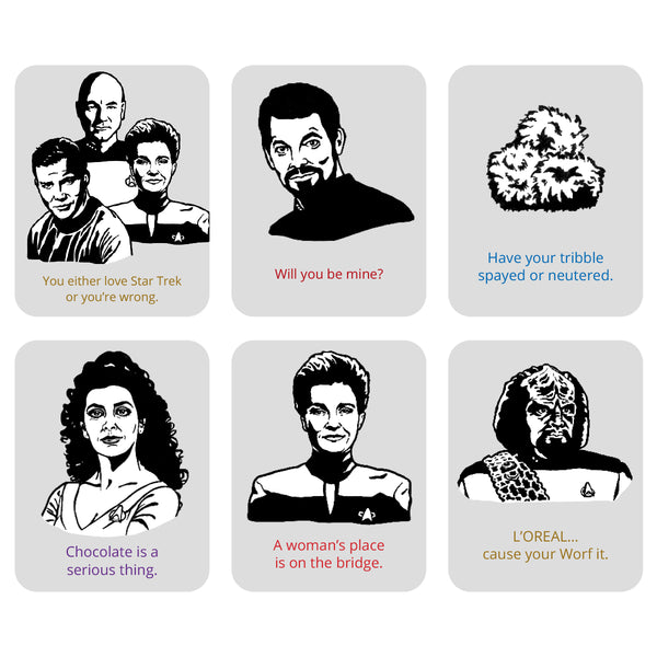 Six illustrations of characters from a 2027 Star Trek desk calendar. Each illustration has a funny quote with it.