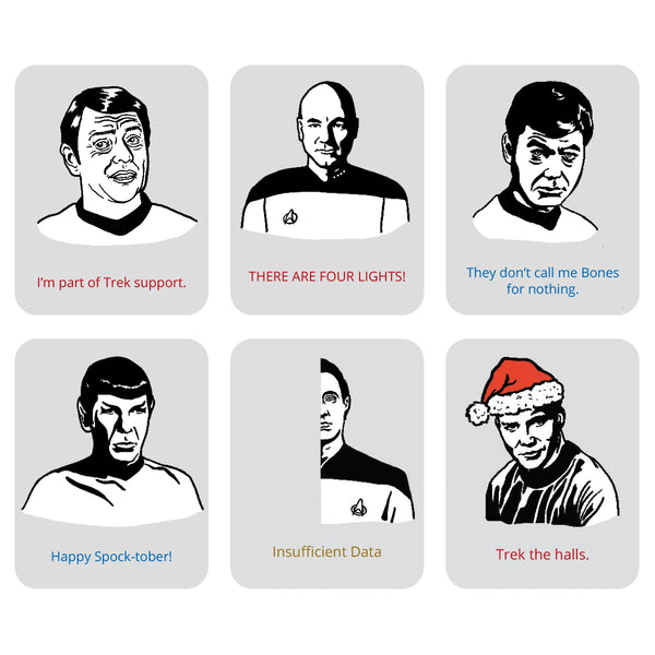 Six illustrations of characters from a 2027 Star Trek desk calendar. Each illustration has a funny quote with it.