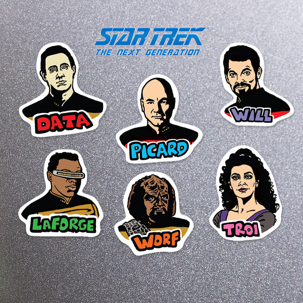 Set of 'Star Trek: The Next Generation' character magnets on a fridge background