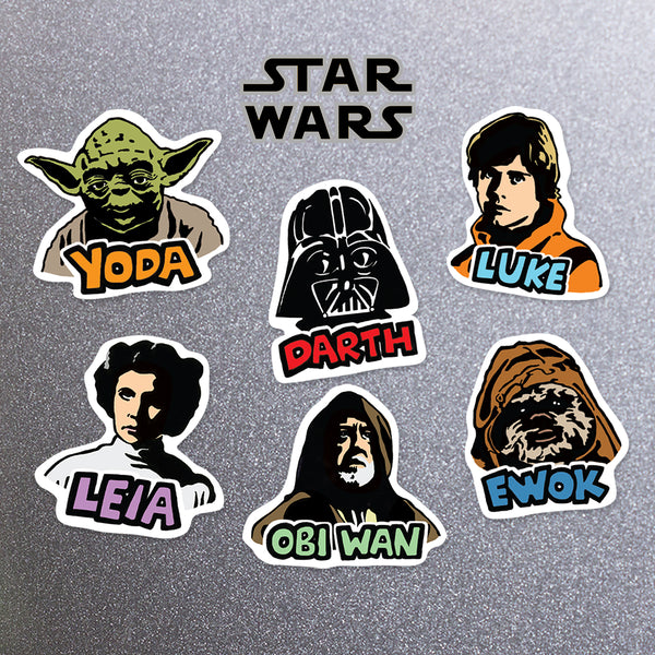 Set of Star Wars-themed stickers featuring Yoda, Darth Vader, Luke Skywalker, Leia, Obi Wan, and an Ewok on a metal background.
