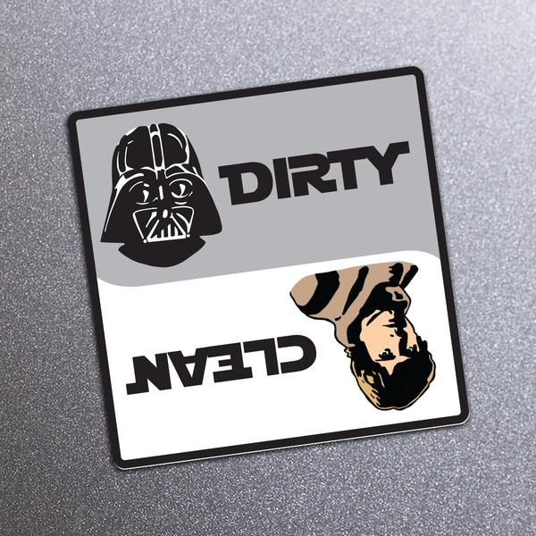 Star Wars dishwasher magnet with Darth Vader and Luke Skywalker with text 'dirty and clean' on a metal background