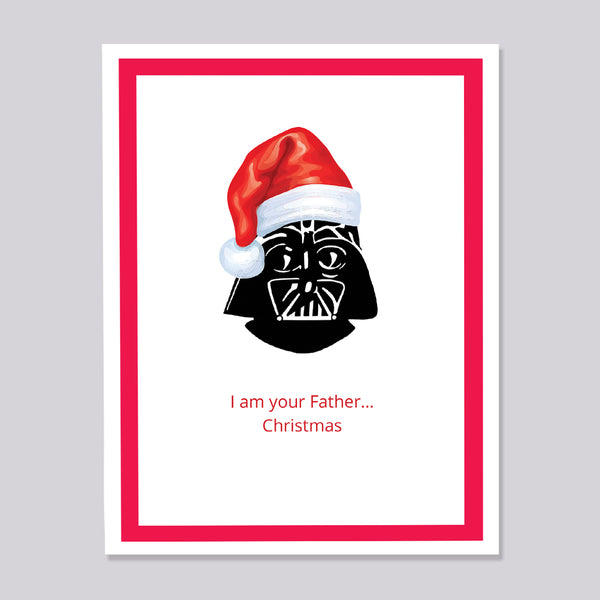 A greeting card with a white center, a bright red border, and a stylized Darth Vader face wearing a red Santa hat. Below the illustration, red text reads, 'I am your Father Christmas on a gray background.