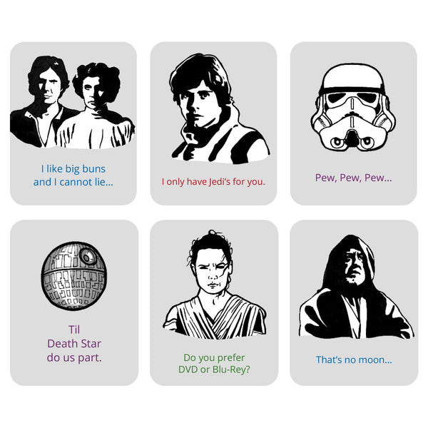 Illustrations of various characters from a 2027 Star Wars illustrated desk calendar with funny quotes in a 3 x 2 grid.