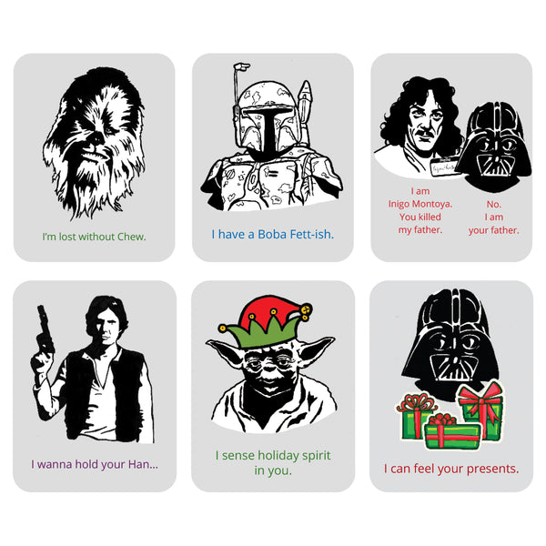 Illustrations of various characters from a 2027 Star Wars illustrated desk calendar with funny quotes in a 3 x 2 grid.