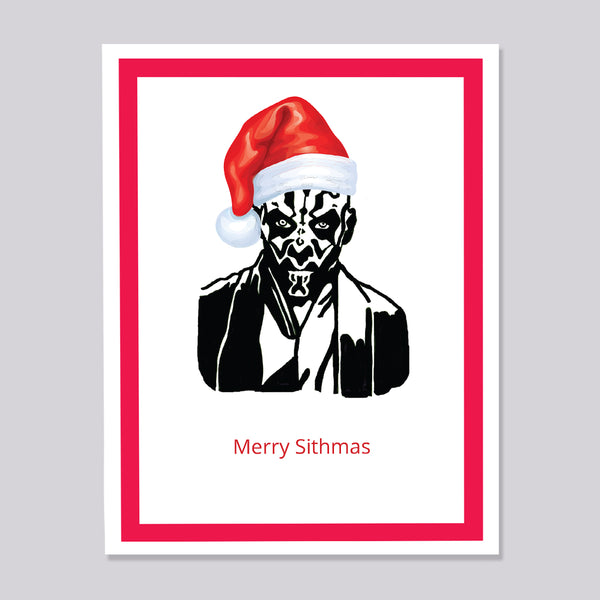 A greeting card featuring a stylized black-and-white portrait of Darth Maul wearing a red Santa hat, with the text 'Merry Sithmas' below. The card has a white border with a thick red inner border and is shown against a light gray background.