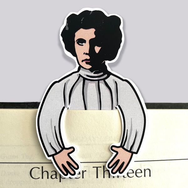 Princess leia character from star wars as a die cut bookmark. Her arms clip over the front of a book page.