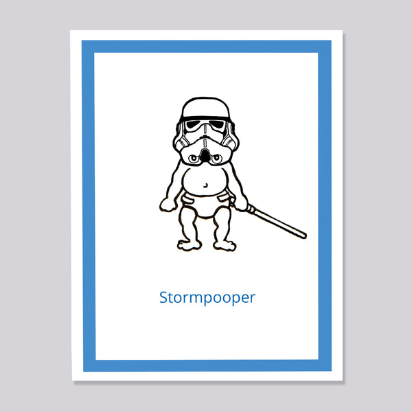 A greeting card featuring a black line drawing of a baby dressed as a Star Wars stormtrooper holding a lightsaber, with the word 'Stormpooper' in blue text below. The card has a white center, a blue border, and is shown against a light gray background.