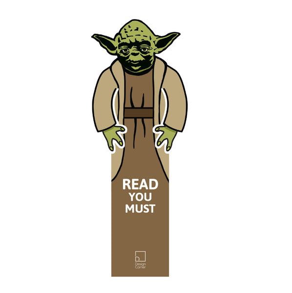 Illustrated die cut yoda character from star wars as a bookmark. Text says 'read you must'