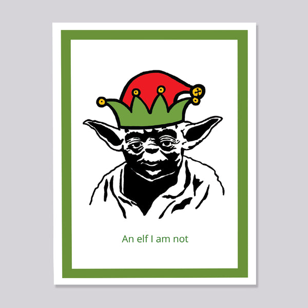 A greeting card featuring a black-and-white illustration of Yoda wearing a red and green elf hat, with the text 'An elf I am not' below. The print has a white center, a green border, and is shown against a light gray background.