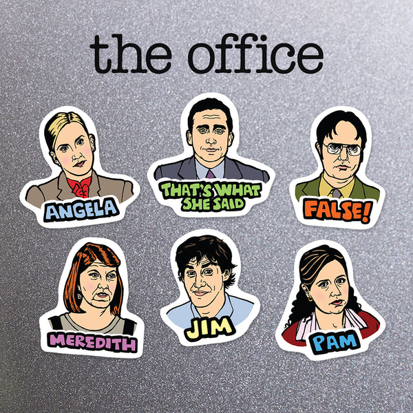 Magnet set of characters from 'The Office' including Angela, Michael Scott, Dwight Schrute, Meredith, Jim and Pam on a metal background