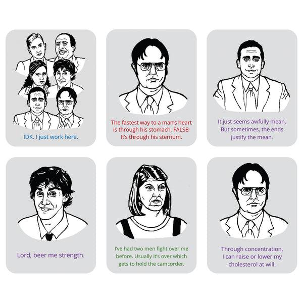 A 2x3 grid of six illustrated characters from The Office tv show with funny text quotes, including Dwight Schrute, Jim Halpert, and Michael Scott, on a white background.