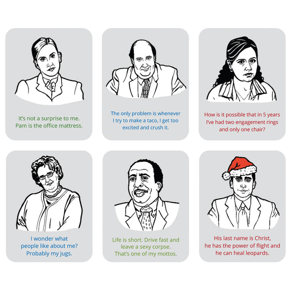 A 2x3 grid of six illustrated characters from The Office tv show with funny text quotes, including Dwight Schrute, Jim Halpert, and Michael Scott, on a white background.