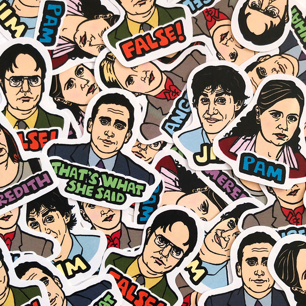 Collection of 'The Office' character stickers with text phrases.