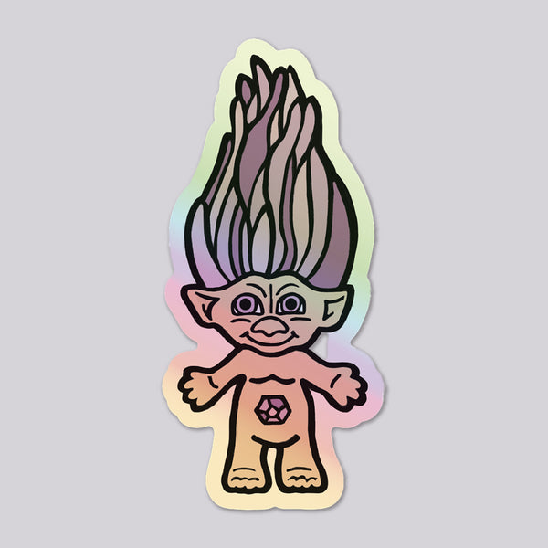 Holographic die cut sticker of an illustrated troll doll with purple hair on a light gray background