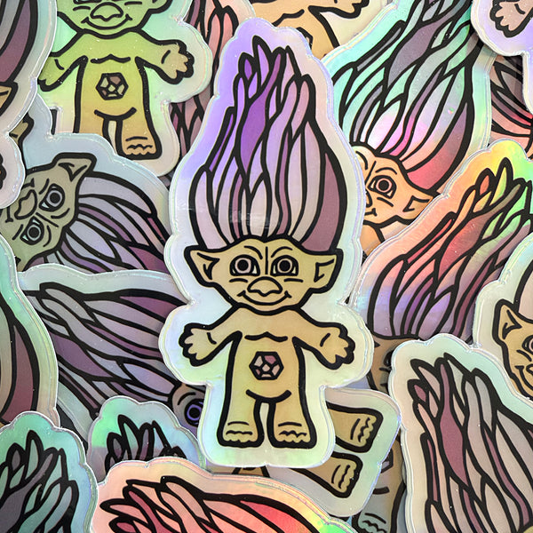 troll doll illustrated nostalgic vinyl die cut holographic sticker