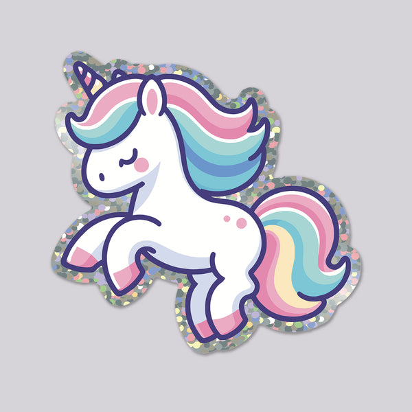 Glittery unicorn die cut vinyl sticker with a colorful mane 