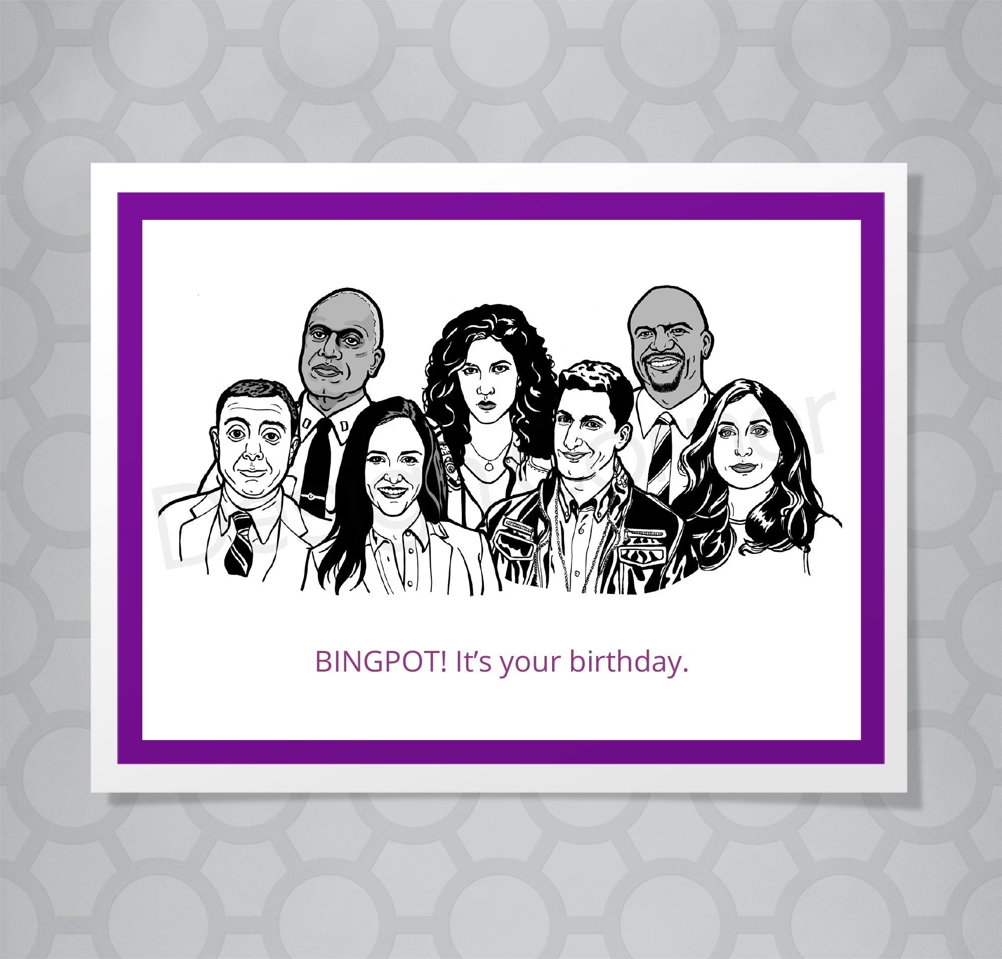 Greeting card with illustrations of Brooklyn Nine Nine cast. Caption says Bingpot! It's your birthday.