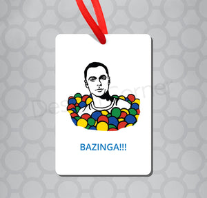 Illustration of Big Bang Theory Sheldon in ball pit with caption "Bazinga!"