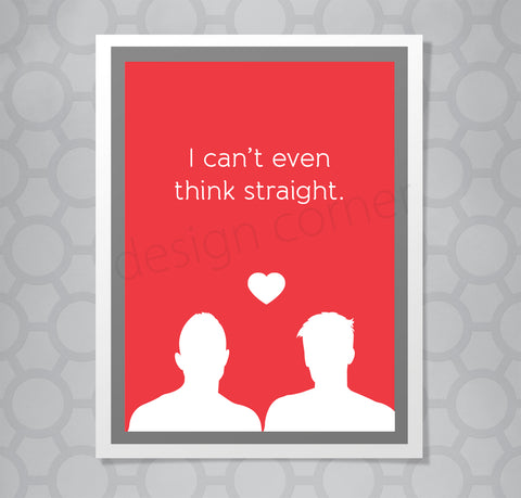 silhouettes of two men on front of greeting card with red background with heart between them. Caption says "I can't even think straight"