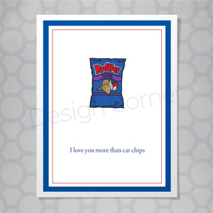 Illustration of Ruffles potato chip bag with caption "I love you more than car chips