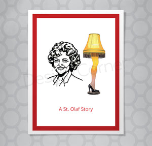 Betty White on front of Christmas card with Christmas Story leg lamp. Caption: A St. Olaf Story.