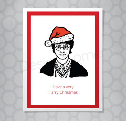 Illustration of Harry Potter on front of Christmas card with caption "Have a very Harry Christmas"