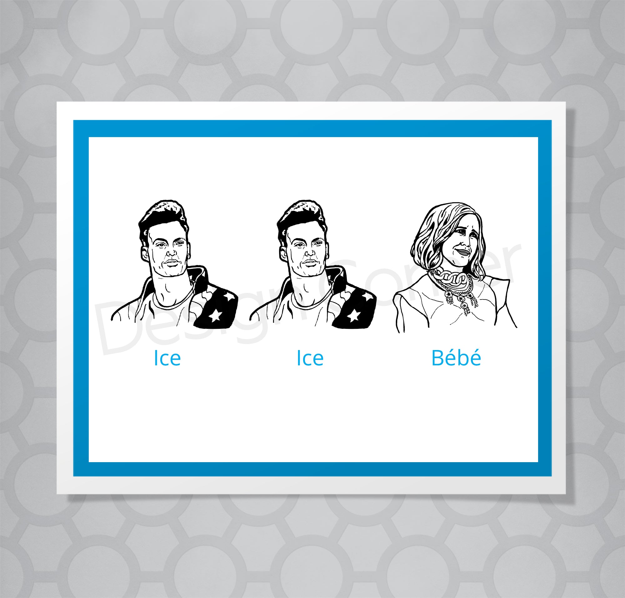 Illustration of Vanilla Ice and Schitts Creek Moira on greeting card. Caption says "Ice Ice Bebe"
