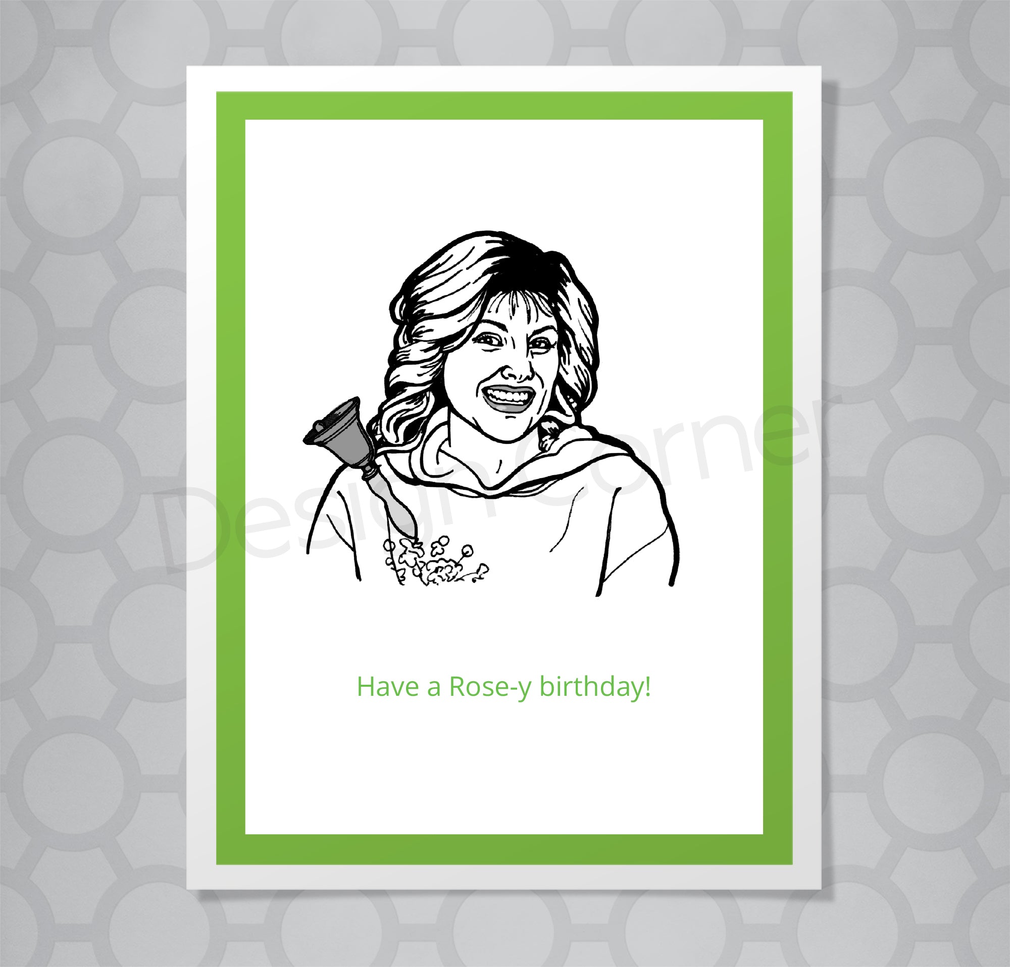 Illustration of Schitts Creek Jocelyn on greeting card with caption "Have a Rose-y birthday."