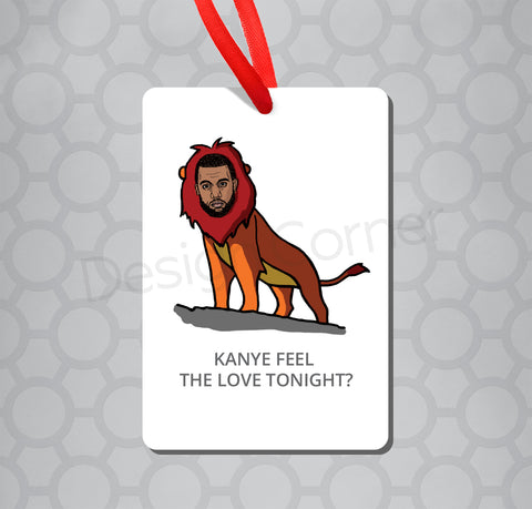 Illustration of Kanye West's head on Lion from Lion King with caption "Kanye feel the love tonight?"