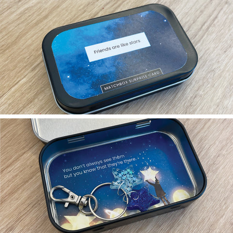 Matchbox Surprise Card Tin - Friends are like Stars Keychain