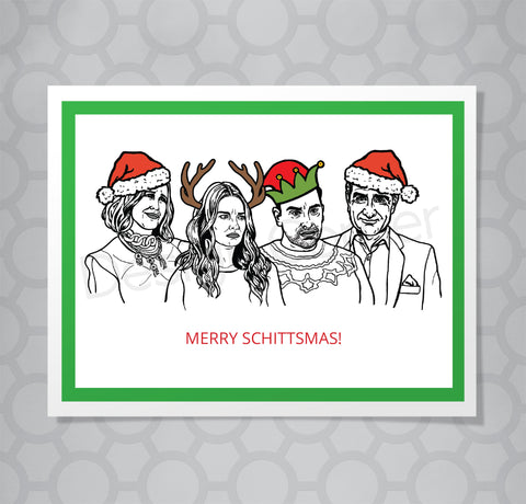 Illustration of Schitts Creek Moira, Alexis, David and Johnny Rose with santa hats on front of Christmas card with caption Merry Schittsmas!