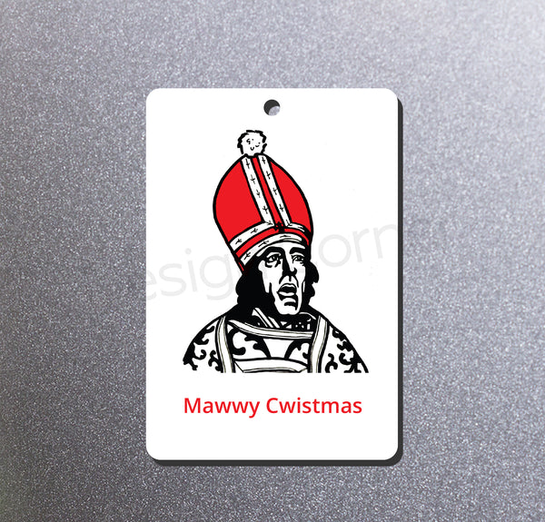 Magnet ornament with illustration of Princess Bride priest with caption "Mawwy Cwistmas"