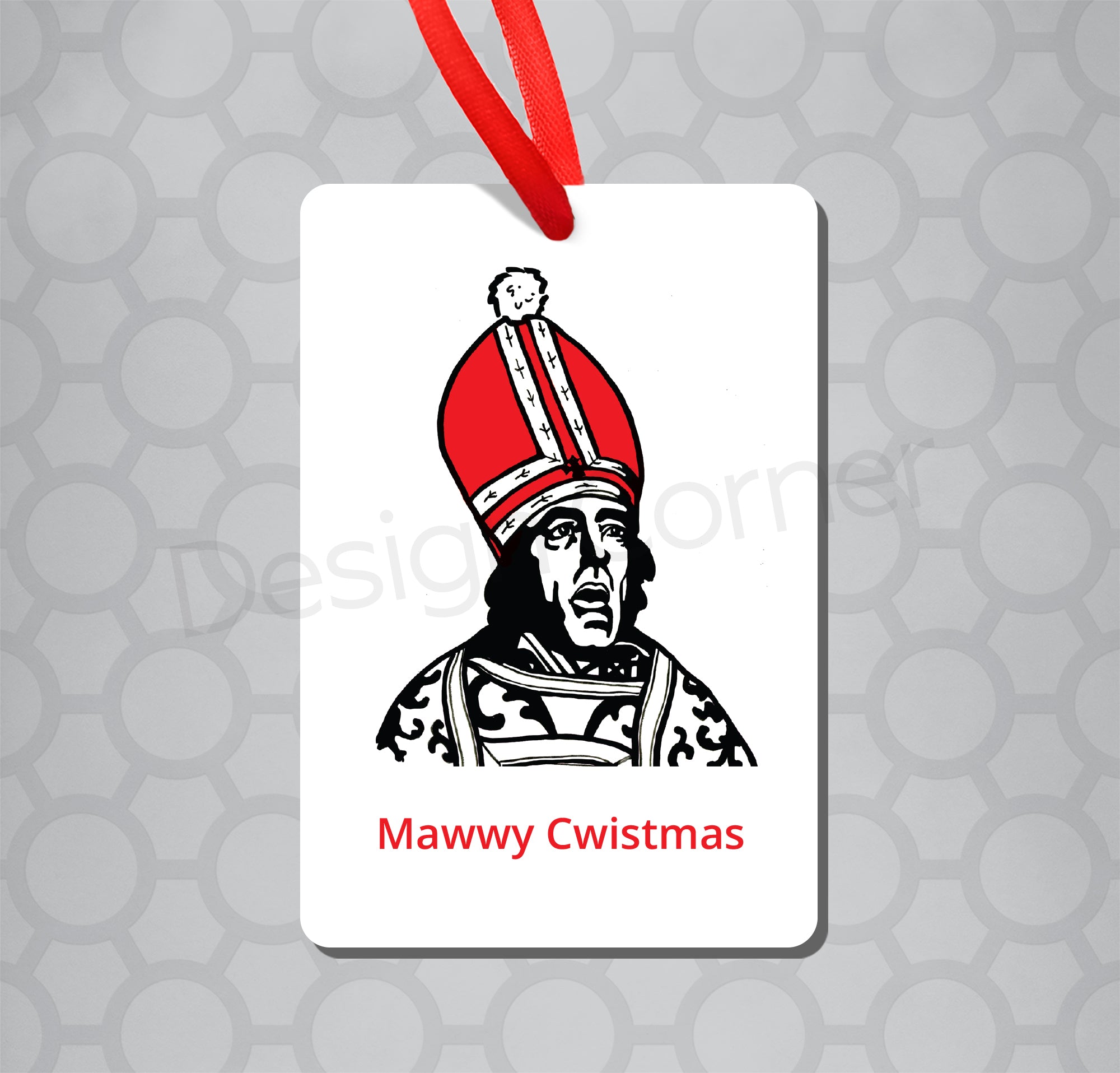Magnet ornament with illustration of Princess Bride priest with caption "Mawwy Cwistmas"