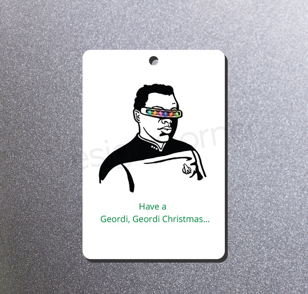 Illustration of Star Trek Geordi with caption, "Have a Geordi, Geordi Christmas"