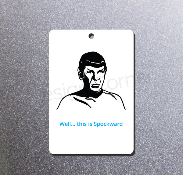 Illustration of Star Trek Spock on magnet ornament with caption "Well... this is Spockward."