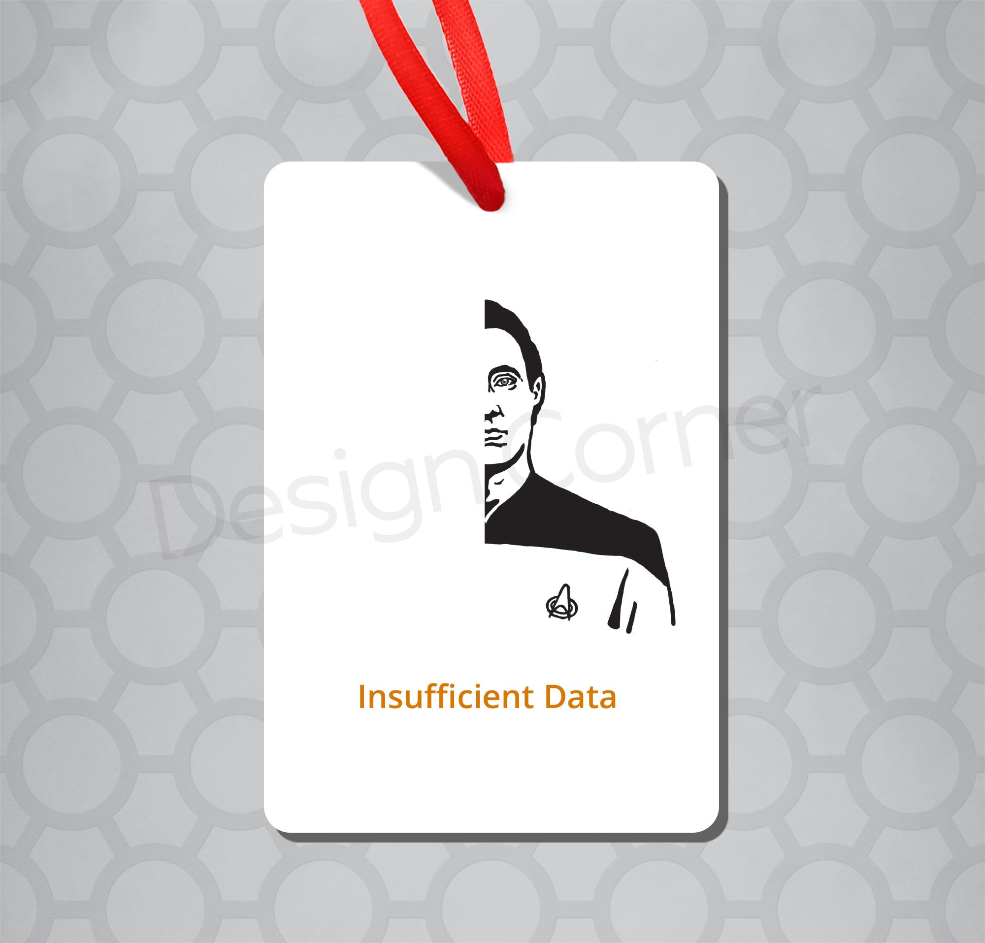 Illustration of Star Trek Data on magnet ornament with caption "Insufficient Data"
