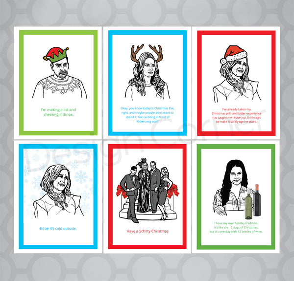 image of 6 pack of illustrated Schitts Creek Christmas cards with various funny captions.