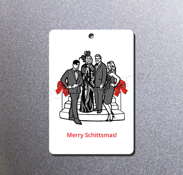 Magnet Ornament with Illustration of Schitts Creek family with caption "Merry Schittsmas"