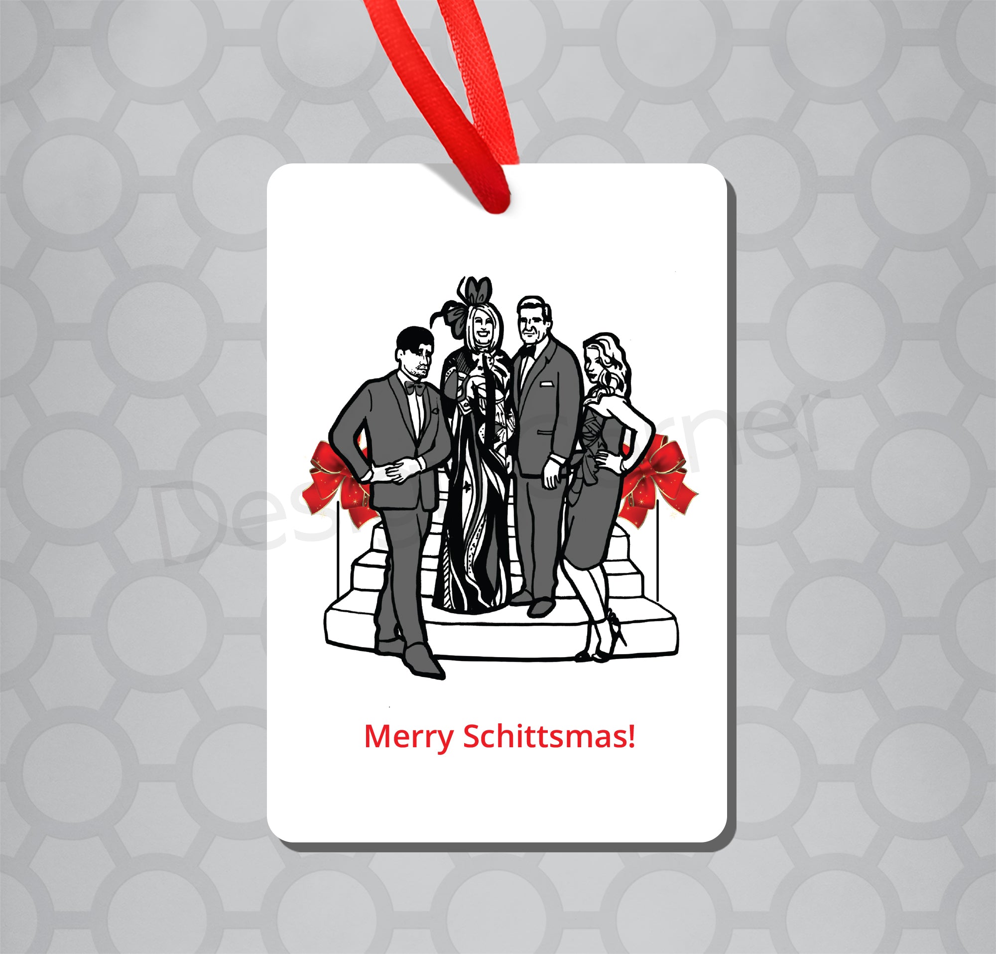 Magnet Ornament with Illustration of Schitts Creek family with caption "Merry Schittsmas"