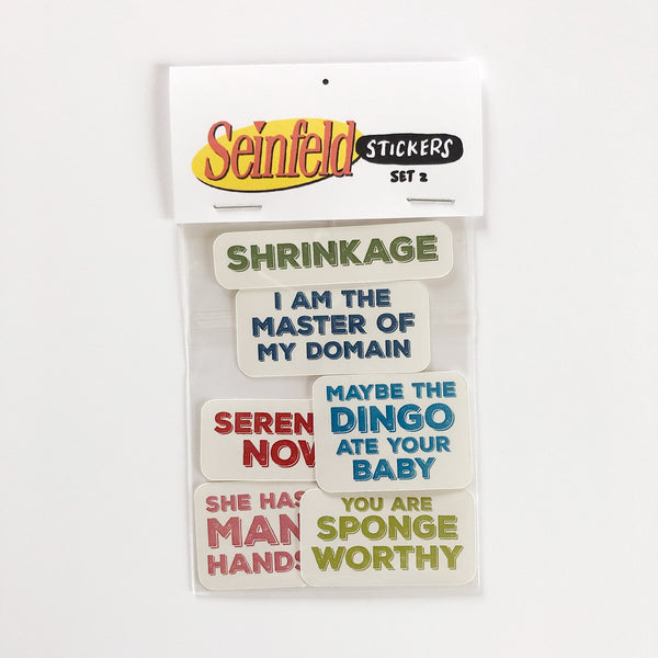 Photo of packaging of Seinfeld quote stickers in cello sleeve with cardstock stopper.