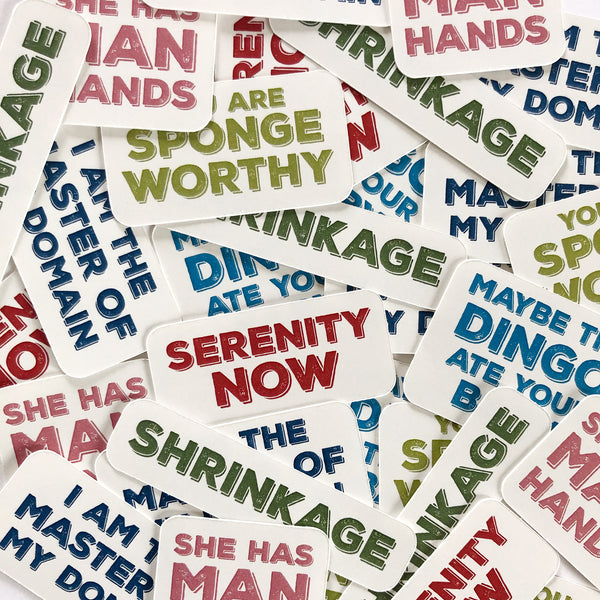 Image of seinfeld quote stickers in a pile