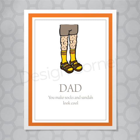 Illustration of mens legs with socks and sandals on greeting card with caption "Dad, you make socks and sandals look cool