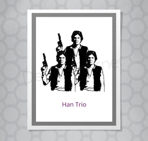 Illustration of three Han Solos from Star Wars on greeting card with caption Han Trio.