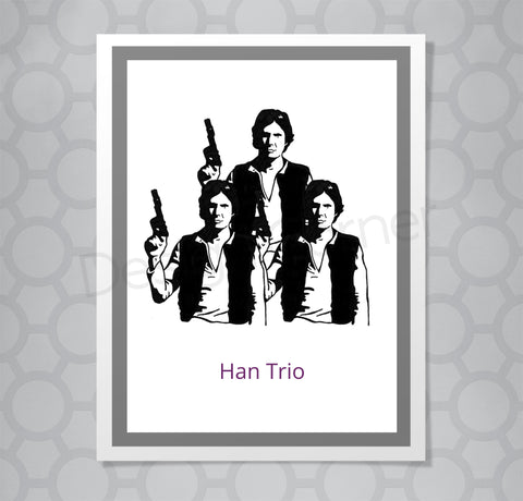 Illustration of three Han Solos from Star Wars on greeting card with caption Han Trio.