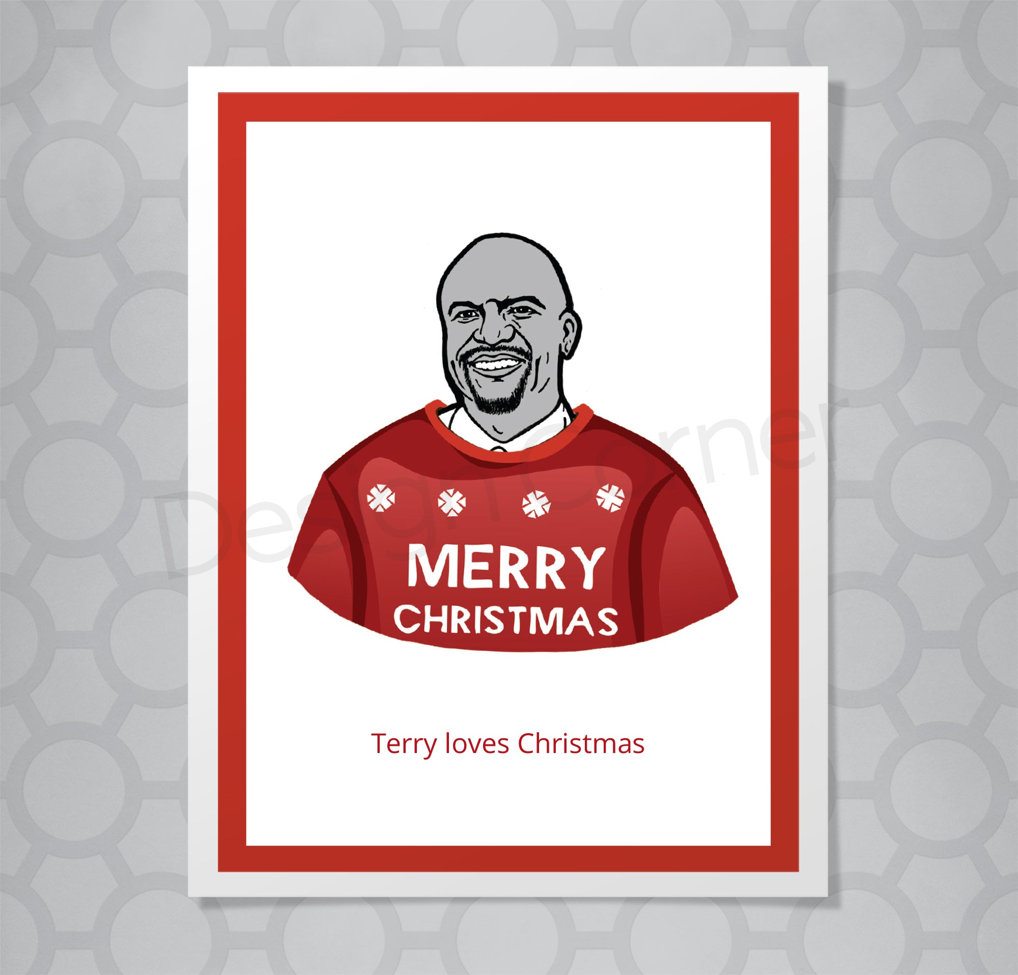 Greeting card with illustration of Brooklyn Nine Nine Terry with caption Terry loves Christmas